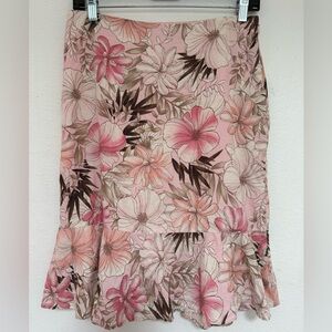 LOFT Pink Floral A-Line Skirt with Flounce Hem